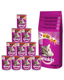 WHISKAS Adult 14kg con manzo e verdure + cibo umido 24 x 400g