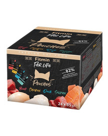 FITMIN For Life Cat Pouch Multipack 24x85g con manzo, anatra, pollo e salmone in salsa