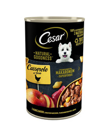 CESAR Boîte à sauce de 400 g avec du poulet, des carottes, des pâtes complètes et une pomme.
