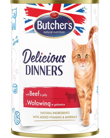 BUTCHER'S Delicious Dinners, cibo per gatti, pezzi di manzo in gelatina, 400g