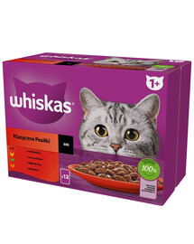 WHISKAS Adult Bustina 48 x 85g Classic Meals cibo umido per gatti in pezzi di salsa con manzo, pollo, agnello, pollame