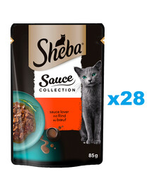SHEBA Sauce Collection Juicy Flavours sachet 28x85 g nourriture complète humide pour chats adultes morceaux de bœuf en sauce