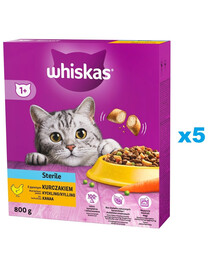 WHISKAS Sterile 5x800g sucha karma z kurczakiem dla kotów sterylizowanych
