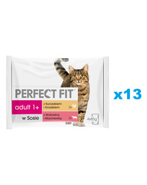 PERFECT FIT Adult saszetka 52x85g mokra karma dla kota w sosie z kurczakiem i groszkiem, z wołowiną i marchewką