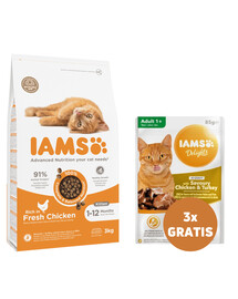 IAMS For Vitality Cat Adult Hairball Chicken 3 kg + 3 x kurczak i indyk w sosie 85 g
