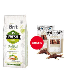 BRIT Fresh duck with millet active run & work 12 kg + WOOLF Chicken And Rawhide Twister 2 x 100g GRATUITES