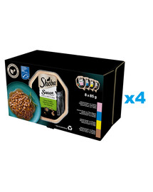 SHEBA Sauce Collection sélection de saveurs 32x85g nourriture complète humide pour chats adultes en morceaux de sauce avec saumon, thon, poulet, canard