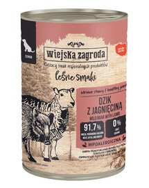 WIEJSKA ZAGRODA Saveurs forestières Sanglier & agneau nourriture humide pour chiens âgés 400 g