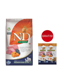 FARMINA N&D Pumpkin lamb&blueberry Adult Medium Maxi 12 kg karma dla dorosłych psów ras średnich i dużych + 3 x FARMINA N&D Pumpkin Dental Treat Lamb Blueberry Mini 60 g (7 szt) GRATIS!