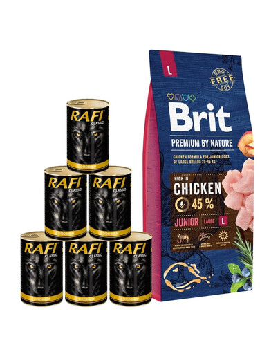 BRIT Premium By Nature Junior Large L 15 kg + mokra karma z drobiem 6x1240 g
