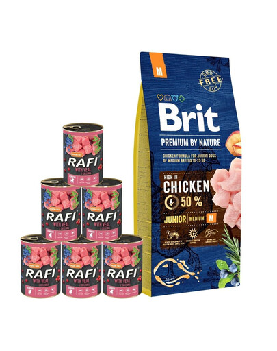 BRIT Premium By Nature Junior Medium M 15 kg + mokra karma z cielęciną 6x400 g
