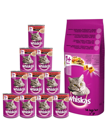 WHISKAS Adult 14kg con manzo e verdure + cibo umido 24 x 400g
