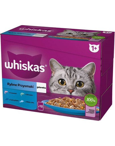 WHISKAS Prelibatezze di pesce pesce bianco, merluzzo, salmone, tonno in gelatina 12x85g