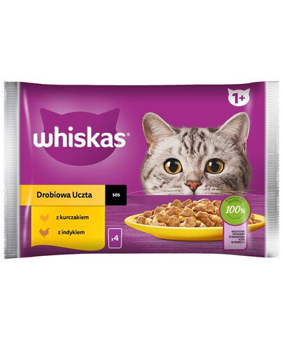 WHISKAS Adult saszetka 85 g Drobiowa Uczta mokra karma dla dorosłych kotów w sosie z: kurczakiem, indykiem