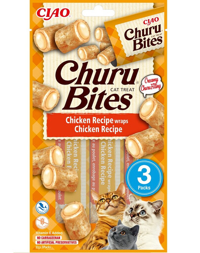 INABA Churu Bites Cat Treat Nourriture humide avec garniture crémeuse au poulet 3x10g