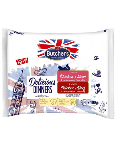 BUTCHER'S Delicious Dinners Pezzi in gelatina per gatti adulti 4x100g con pollo e fegato, con pollo e manzo