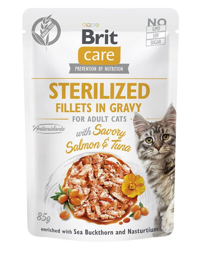 BRIT CARE Fillets in Gravy Pouch Sterilized Savory Salmon&Tuna 24x85g con salmone e tonno per gatti sterilizzati