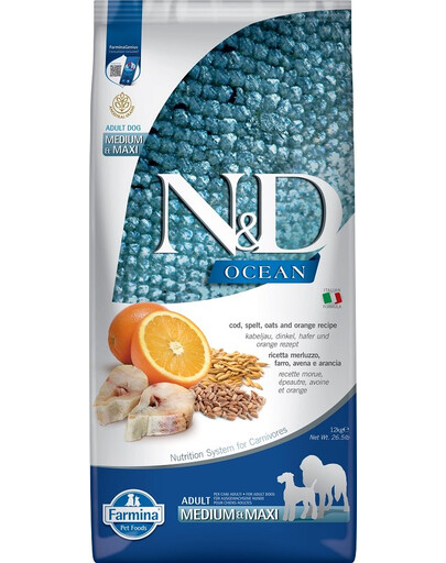 FARMINA N&D Ocean Morue et Orange 12 kg - pour chiens adultes de moyennes et grandes races