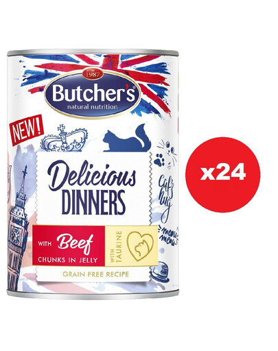 BUTCHER'S Delicious Dinners, karma dla kota, kawałki z wołowiną w galaretce 24 x 400g