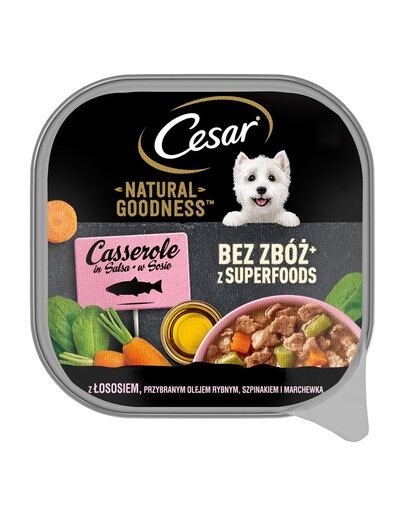 CESAR Natural Goodness Nourriture humide avec saumon en sauce enrichi en huile de poisson, épinards et carottes 100 g