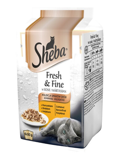 SHEBA Fresh & Fine nourriture complète humide pour chats adultes en sauce avec poulet, dinde 6x50g