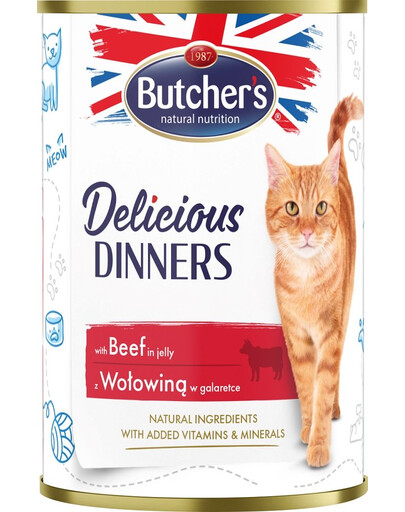 BUTCHER'S Delicious Dinners, cibo per gatti, pezzi di manzo in gelatina, 400g