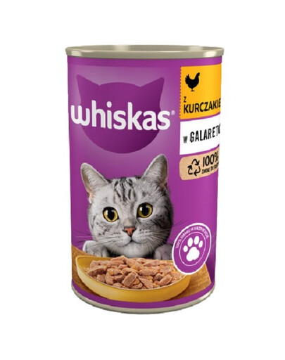 WHISKAS Adult puszka 400 g - mokra karma pełnoporcjowa dla dorosłych kotów, kawałki z kurczakiem w galaretce