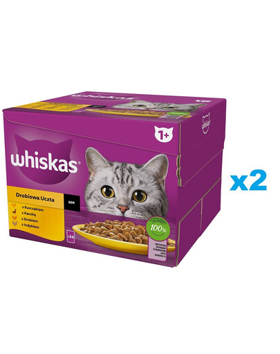 WHISKAS Adult Drobiowa Uczta w sosie 48x85 g kawałki z kurczakiem, kaczką, drobiem, indykiem dla dorosłych kotów