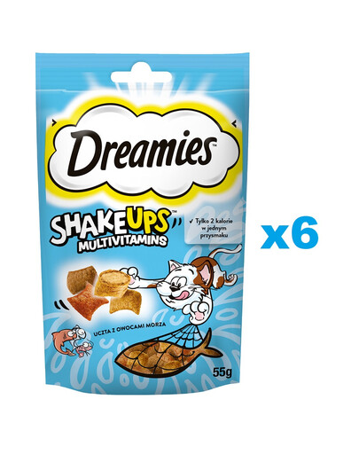 DREAMIES ShakeUps Multivitamins 6x55g przysmak dla kota uczta z owocami morza o smaku łososia, tuńczyka i krewetek