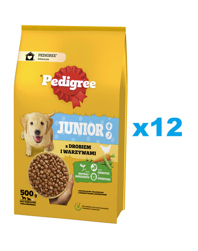 PEDIGREE Junior 12x500 g z drobiem i warzywami sucha karma pełnoporcjowa dla dorastających psów dużych i średnich ras