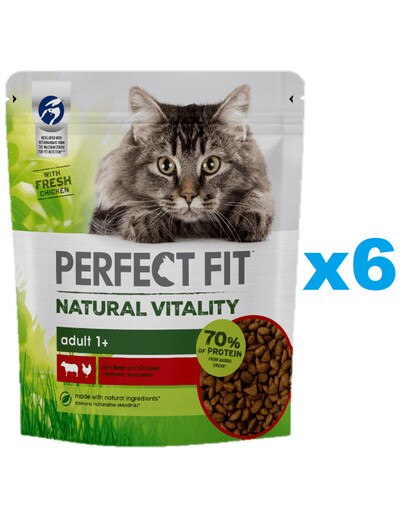 PERFECT FIT Natural Vitality 1+ sucha karma pełnoporcjowa dla dorosłych kotów z wołowiną i kurczakiem 6x650 g