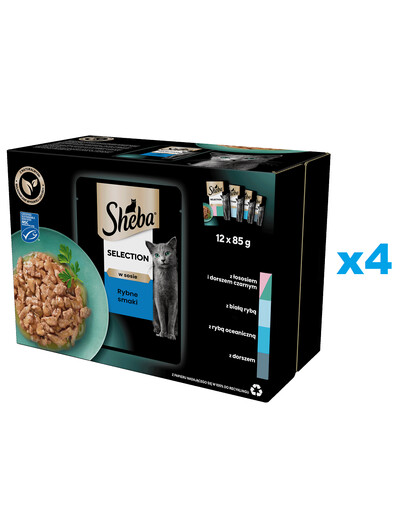 SHEBA Selection Fish Flavours sachets 48x85g nourriture complète humide pour chats adultes en morceaux en sauce avec saumon et morue noire, poisson blanc, poisson de mer, morue