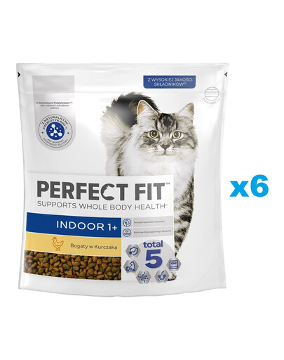 PERFECT FIT Indoor 1+ 6x750 g sucha karma pełnoporcjowa dla dorosłych kotów bogata w kurczaka