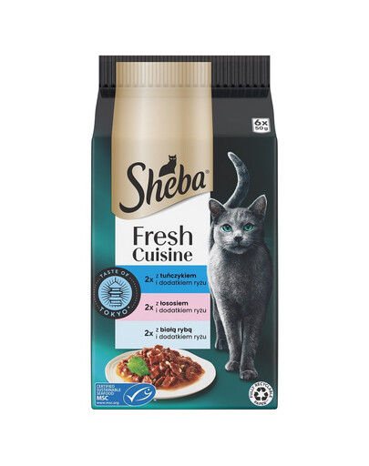 SHEBA Fresh Cuisine Taste of Tokyo sachets 6x50g nourriture complète humide pour chats adultes avec thon, saumon, poisson blanc et riz ajouté