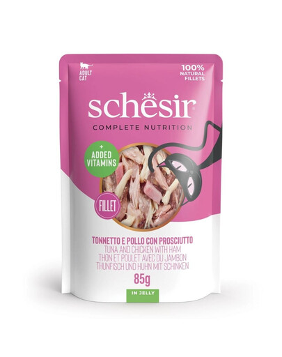 SCHESIR Thon et poulet avec jambon en gelée pour chats 85 g