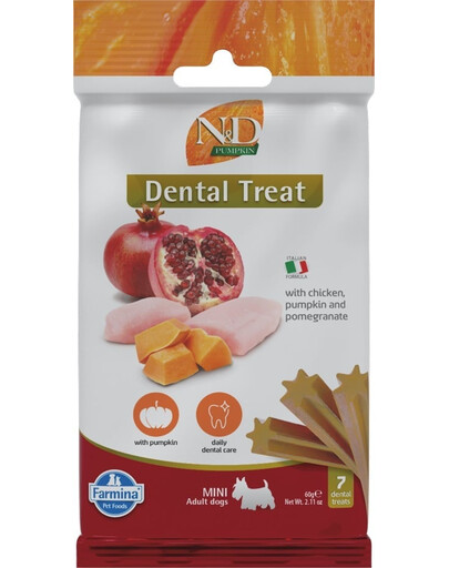 N&D Pumpkin Dental Treat Chicken Pomegranate Mini 60 g (7 szt) przysmak dentystyczny dla psów ras małych