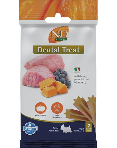 N&D Pumpkin Dental Treat Lamb Blueberry Mini 60 g (7 szt) przysmak dentystyczny dla psów ras małych