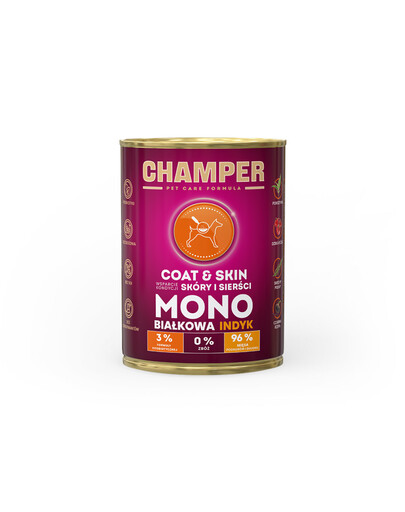 CHAMPER Coat Skin nourriture pour chien monoprotéine de dinde 400 g