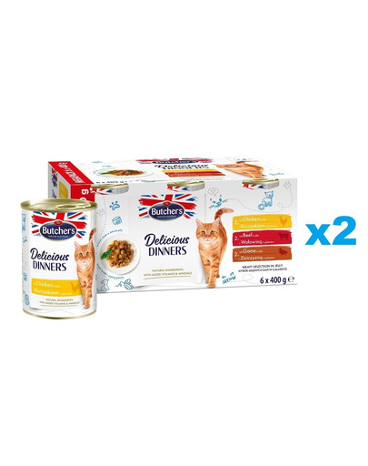 BUTCHER'S Delicious Dinners Cat Meaty selection in Jelly 12x400 g kawałki w galarecie z kurczakiem, z wołowiną i z dziczyzną dla kota