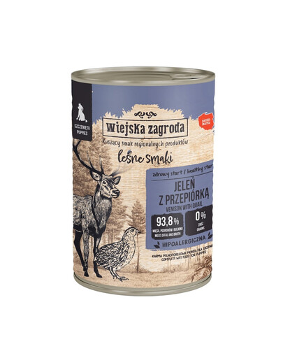 WIEJSKA ZAGRODA Saveurs forestières Cerf avec caille nourriture humide pour chiots 400 g