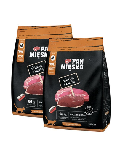 PAN MIĘSKO Cielęcina z kaczką dla kotów chrupki M 2x400 g