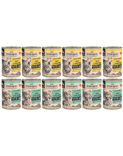 WIEJSKA ZAGRODA Mix smaków Indyk z jagnięciną i Indyk z królikiem 12x400 g mokra karma psów