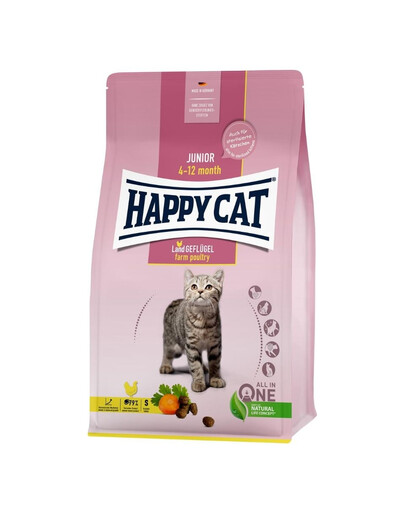 HAPPY CAT Junior Farm Poultry 4 kg drób, sucha karma dla kociąt w wieku 4-12 miesięcy