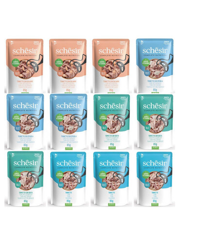 SCHESIR Assortiment pour chat « Mix » aux 4 saveurs de poisson, 12 x 85 g