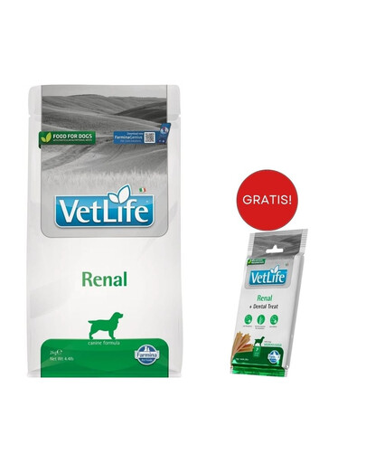 FARMINA Vet Life Renal Dog 2 kg karma dla psa z chorobami nerek + FARMINA Vet Life Dental Treat Renal Medium/Maxi 100 g (7 szt) GRATIS!
