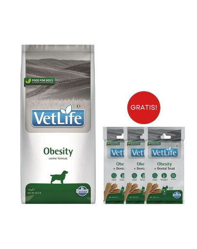 FARMINA Vet Life Obesity Dog 12 kg karma dla psa z nadwagą + 3 x FARMINA Vet Life Dental Treat Obesity Mini 60