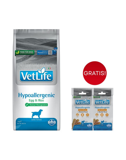 FARMINA Vet Life Hypoallergenic Egg & Rice dog 12 kg sucha karma dla psa z alergią + 3 x FARMINA Vet Life Dental Treat Hypoallergenic Fish Mini 60 g (7 szt) GRATIS!