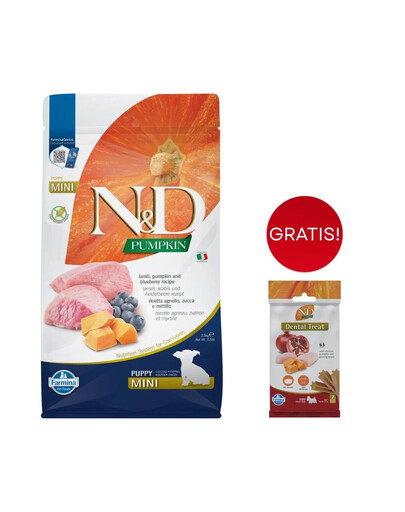 FARMINA N&D GF Pumpkin Lamb & Blueberry Puppy Mini 2.5 kg dla szczeniąt małych ras + FARMINA N&D Pumpkin Dental Treat Chicken Pomegranate Mini 60 g (7 szt) GRATIS!