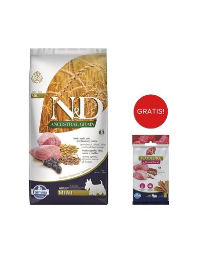 FARMINA N&D Ancestral Grain lamb & blueberry Adult Mini dog 7 kg karma dla psów małych ras + FARMINA N&D Quinoa Dental Treat Flatulence Mini 60 g (7 szt) GRATIS!