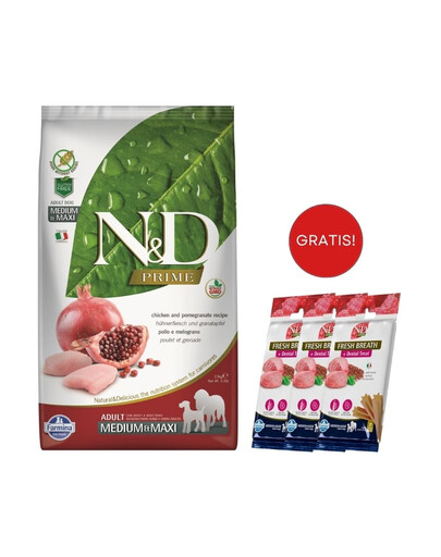 FARMINA N&D Prime dog Adult Medium & Maxi chicken & pomegranate 12 kg + 3 x FARMINA N&D Quinoa Dental Treat Fresh breath Medium/Maxi 100 g (7 szt) GRATSI!